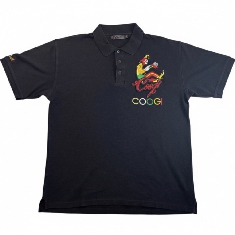 Coogi Mens 2XL Black Polo Shirt Embroidered Jester Logo‎ Short Sleeve Pique Y2K